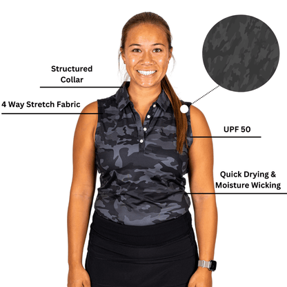 Black Camo Women's Polo (Sleeveless) - S - Club Rehab