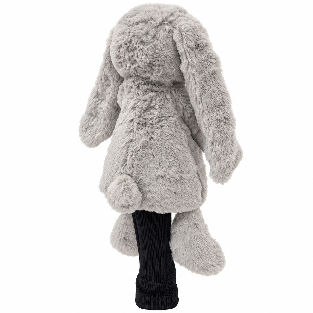 Rear view of plush bunny driver headcover showing fluffy tail and black sock