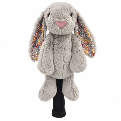 Bloom and Bogey gray plush bunny driver headcover with floral floppy ears and black knit sock