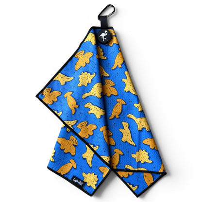 Blue Dino Chicken Nugget Golf Towel | 24” x 16” Microfiber Towel | Magnetic Clip & Carabiner | Premium Golf Accessory - Club Rehab