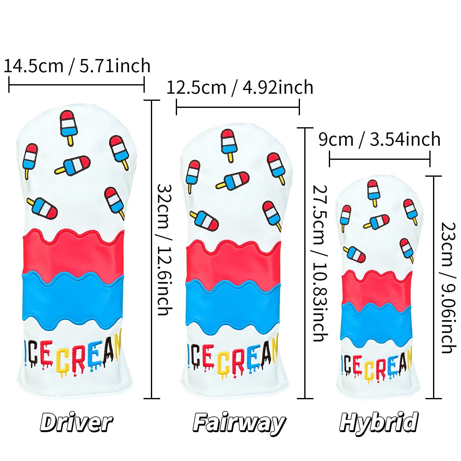 Golf club head covers with ice cream design and measurements for driver, fairway, and hybrid clubs.