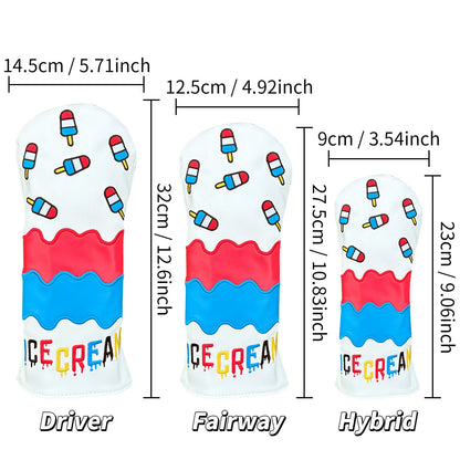 Golf club head covers with ice cream design and measurements for driver, fairway, and hybrid clubs.