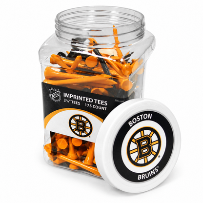 Boston Bruins jar containing 175 2¾-inch golf tees with its separate team-logo lid.