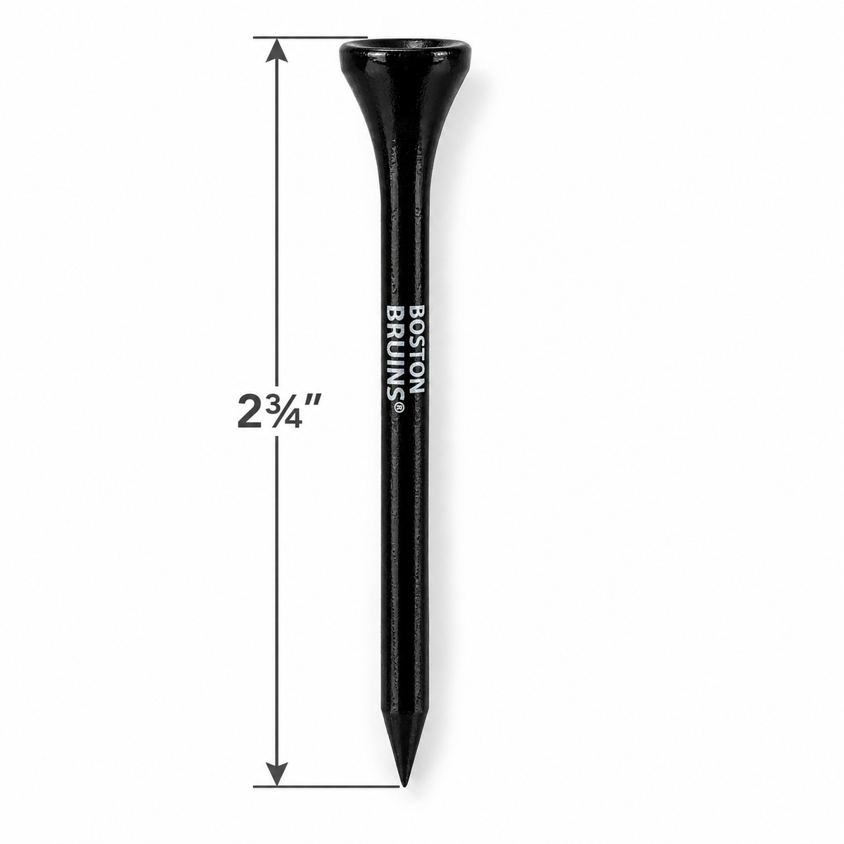 Black Boston Bruins golf tee with a 2¾-inch height measurement.