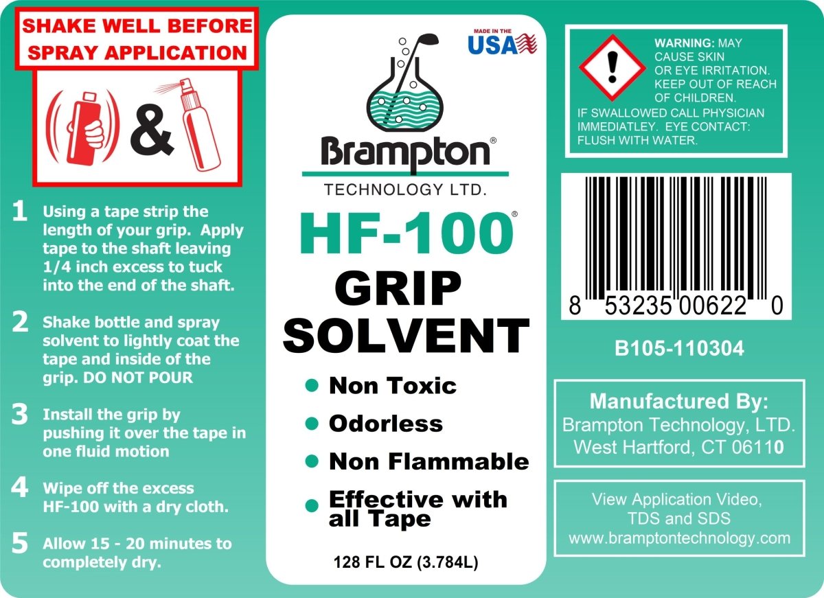 Brampton Tape Activator HF - 100 - Club Rehab - Grip Spray8oz BottleBrampton HF - 100 Grip Solvent label featuring instructions for use, key product benefits such as being non - toxic, odorless, non - flammable, and effective with all tapes. Includes a warning and barcode.