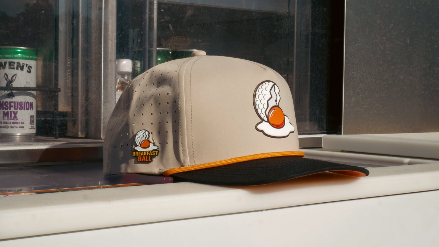 Breakfast Ball Golf Hat | Snapback Cap | Built-in Magnetic Ball Marker Holder + Marker Included | Breakfast Ball | Adjustable | Mulligan Tan - Club Rehab