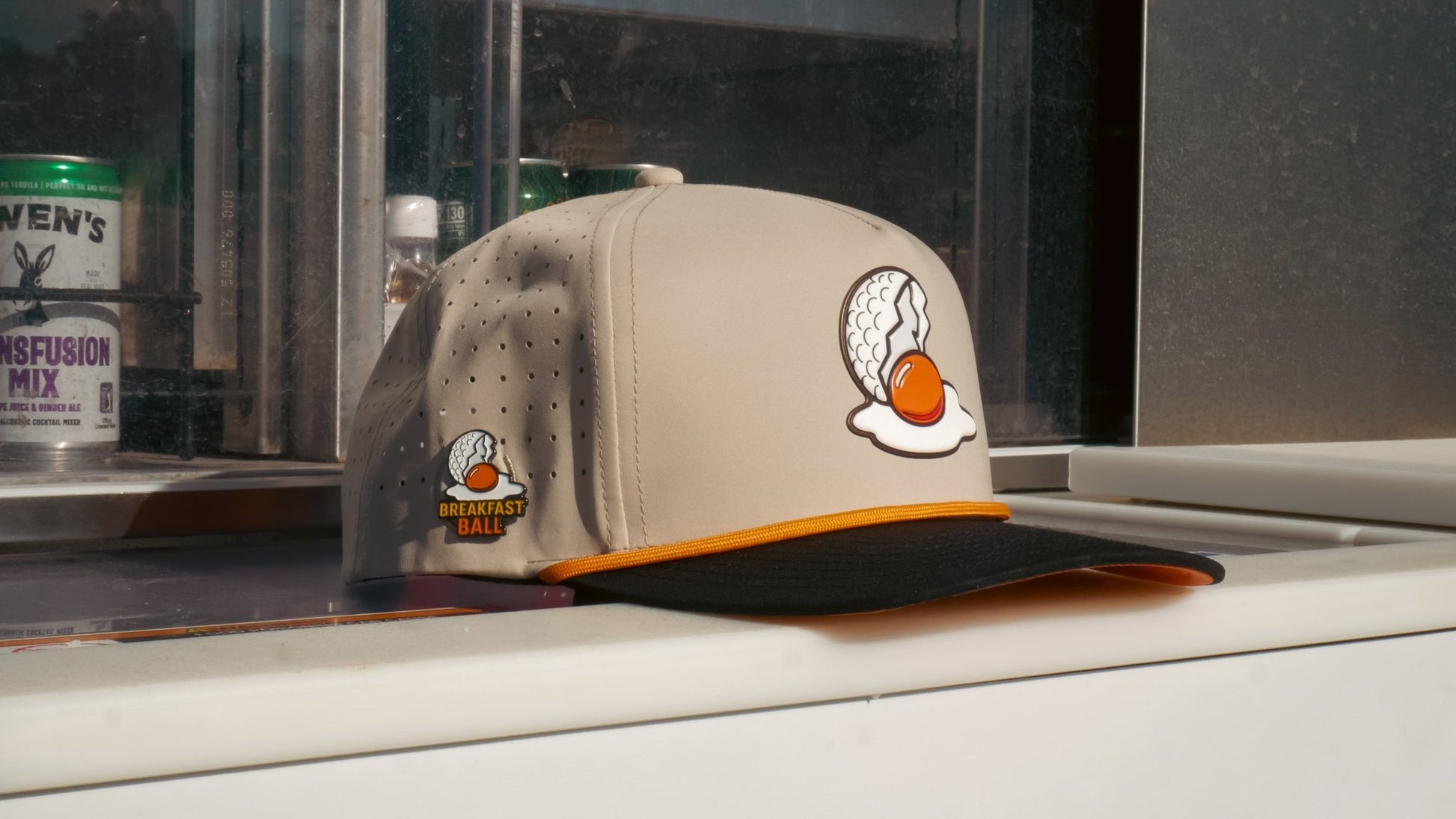 Breakfast Ball Golf Hat | Snapback Cap | Built-in Magnetic Ball Marker Holder + Marker Included | Breakfast Ball | Adjustable | Mulligan Tan - Club Rehab