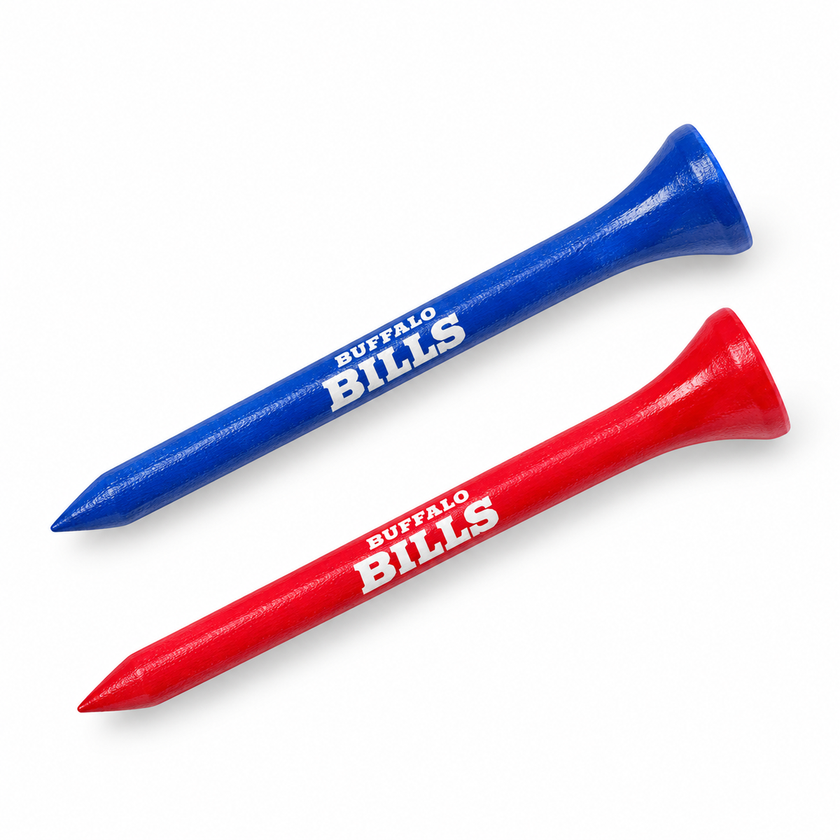Buffalo Bills golf tees in blue and red with team lettering.