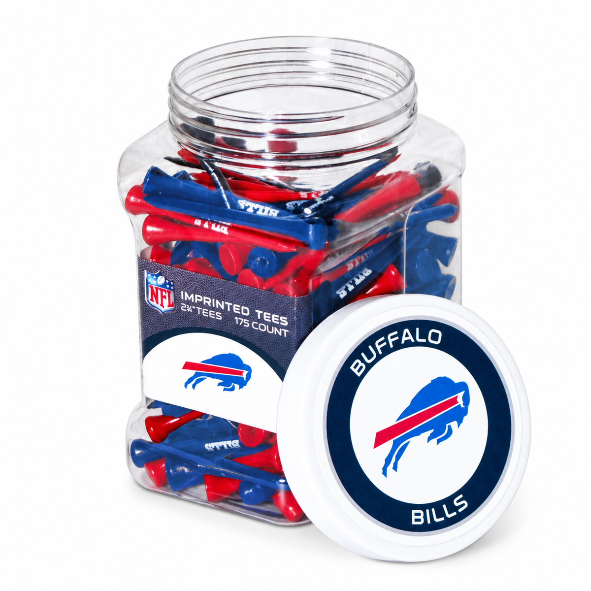 Buffalo Bills jar containing 175 2¾-inch golf tees with its separate team-logo lid.