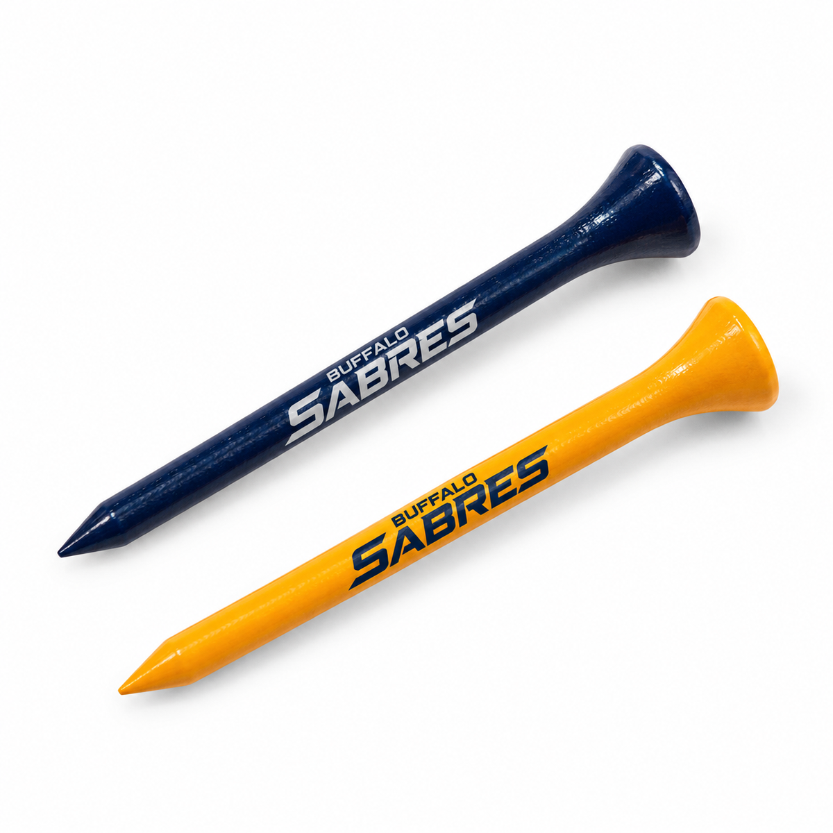 Buffalo Sabres golf tees in navy and gold with team lettering.