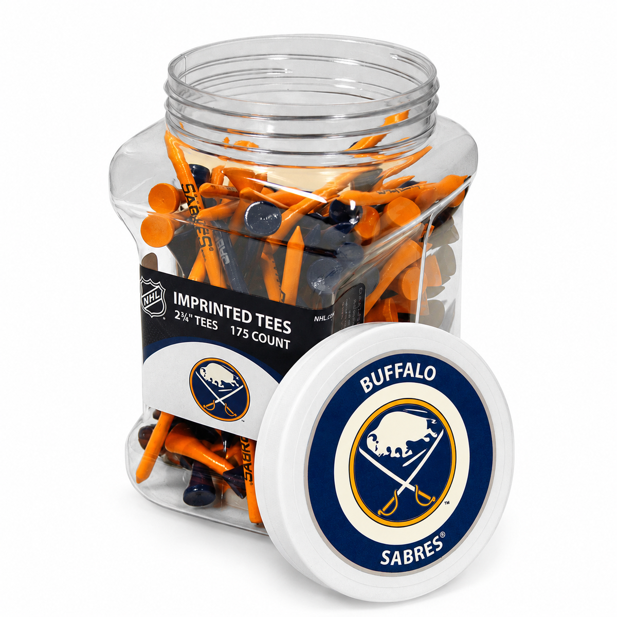 Buffalo Sabres jar containing 175 2¾-inch golf tees with its separate team-logo lid.