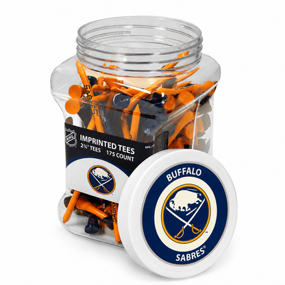 Buffalo Sabres jar containing 175 2¾-inch golf tees with its separate team-logo lid.
