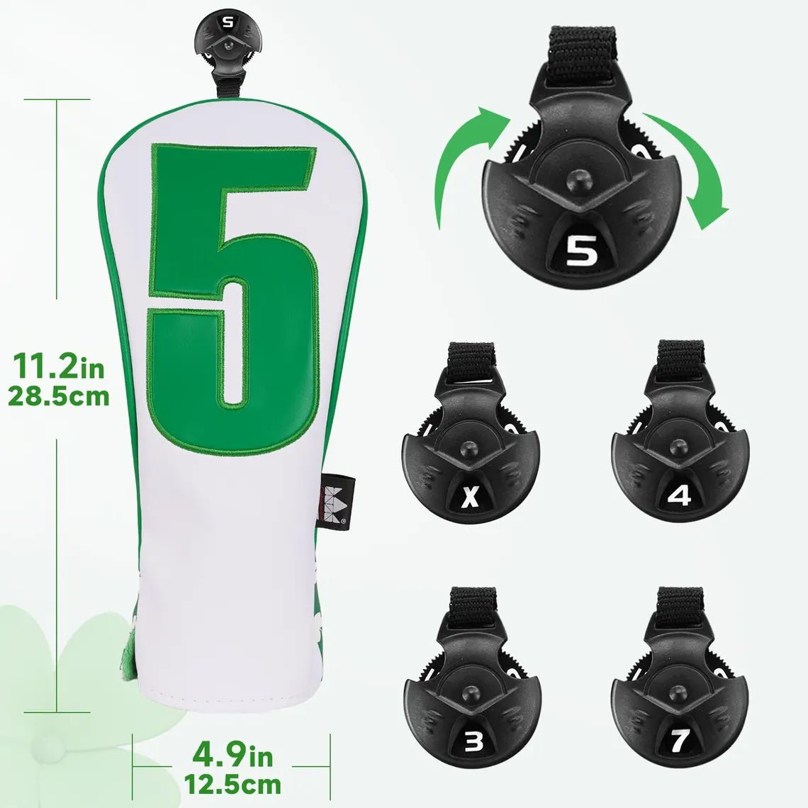 Golf headcover with number 5 and attachments on a white background