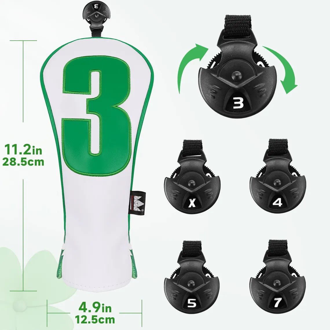 Golf club head cover with number 3, black clip attachments, and measurements on a white background