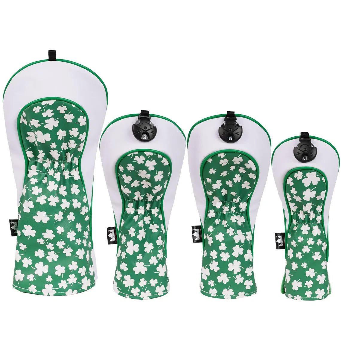 Four golf club head covers with shamrock pattern on a white background