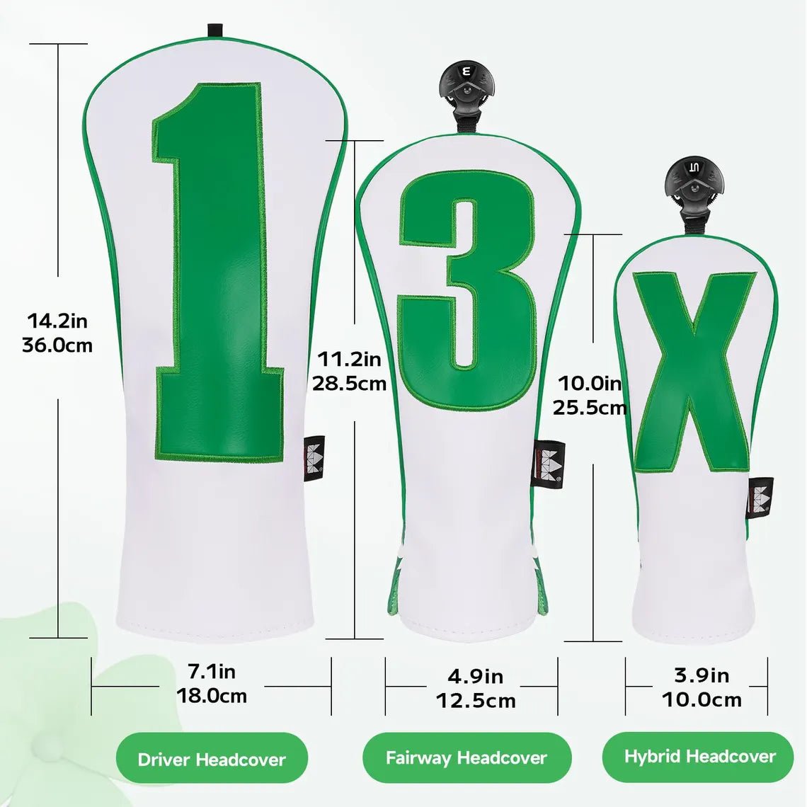 Golf headcovers with numbers labeled and dimensions displayed