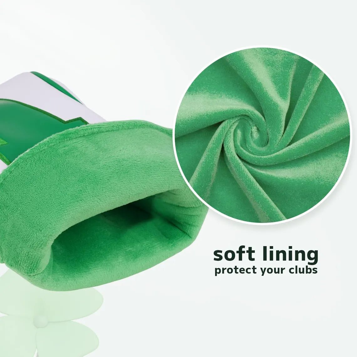 Green golf club head cover with soft lining feature on a white background