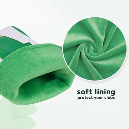 Green golf club head cover with soft lining feature on a white background