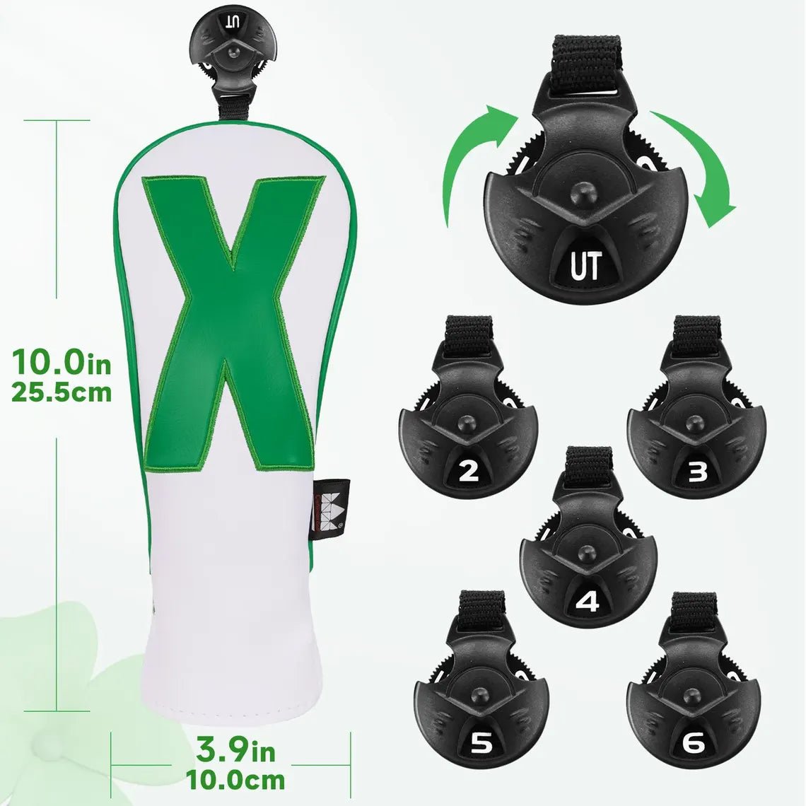 golf headcover with green 'X' and black attachments on a white background