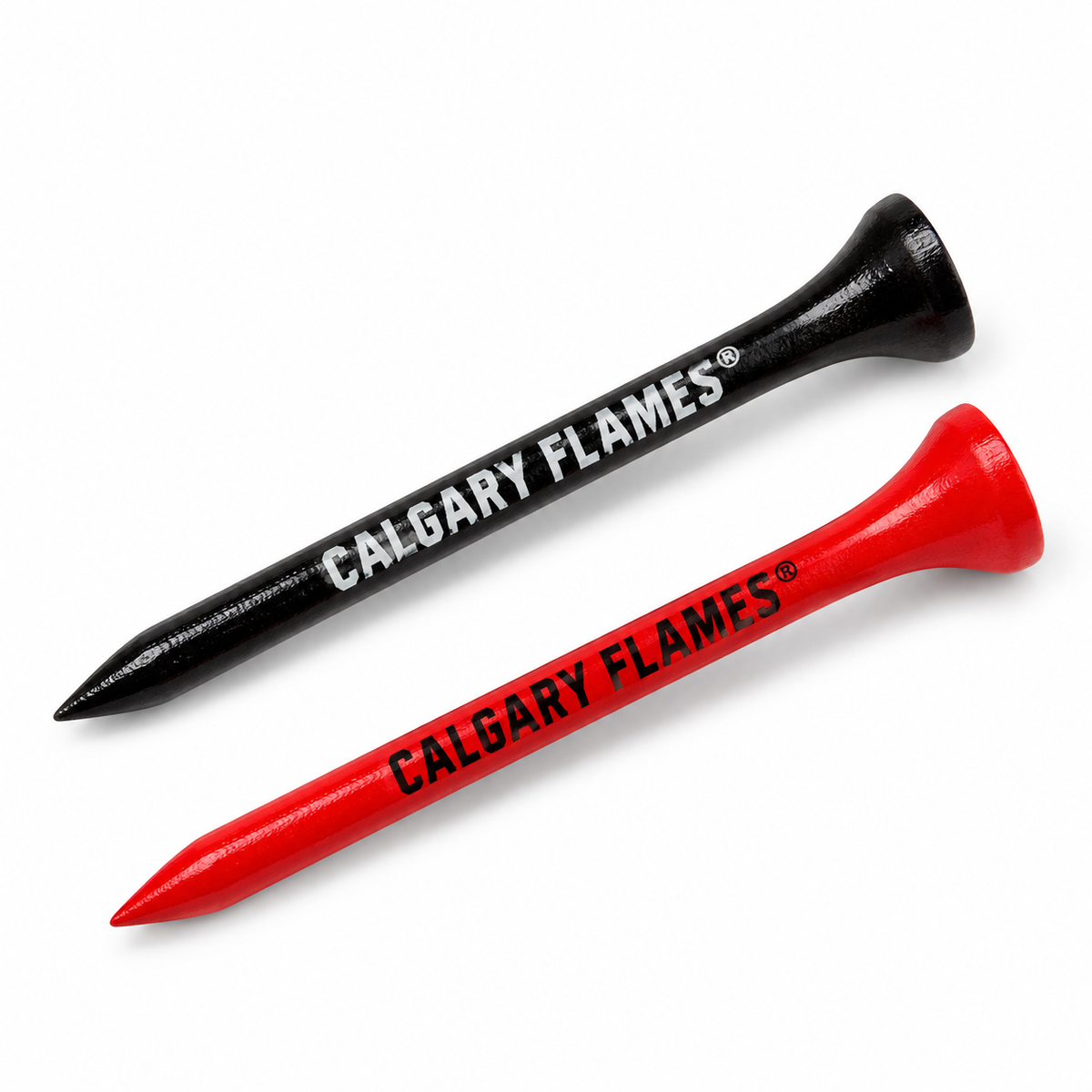 Calgary Flames golf tees in black and red with team lettering.