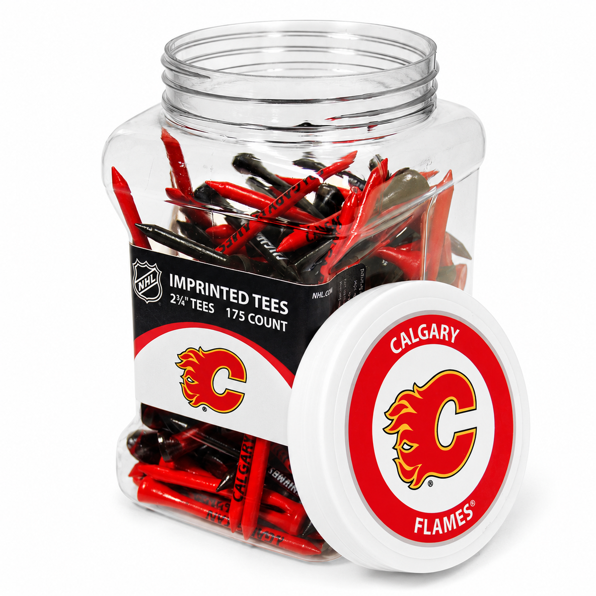 Calgary Flames jar containing 175 2¾-inch golf tees with its separate team-logo lid.