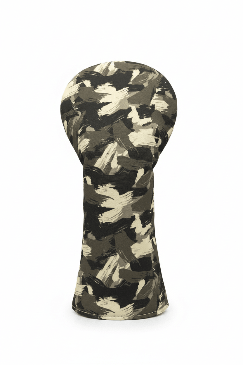 Camouflage-patterned golf club head cover on a white background