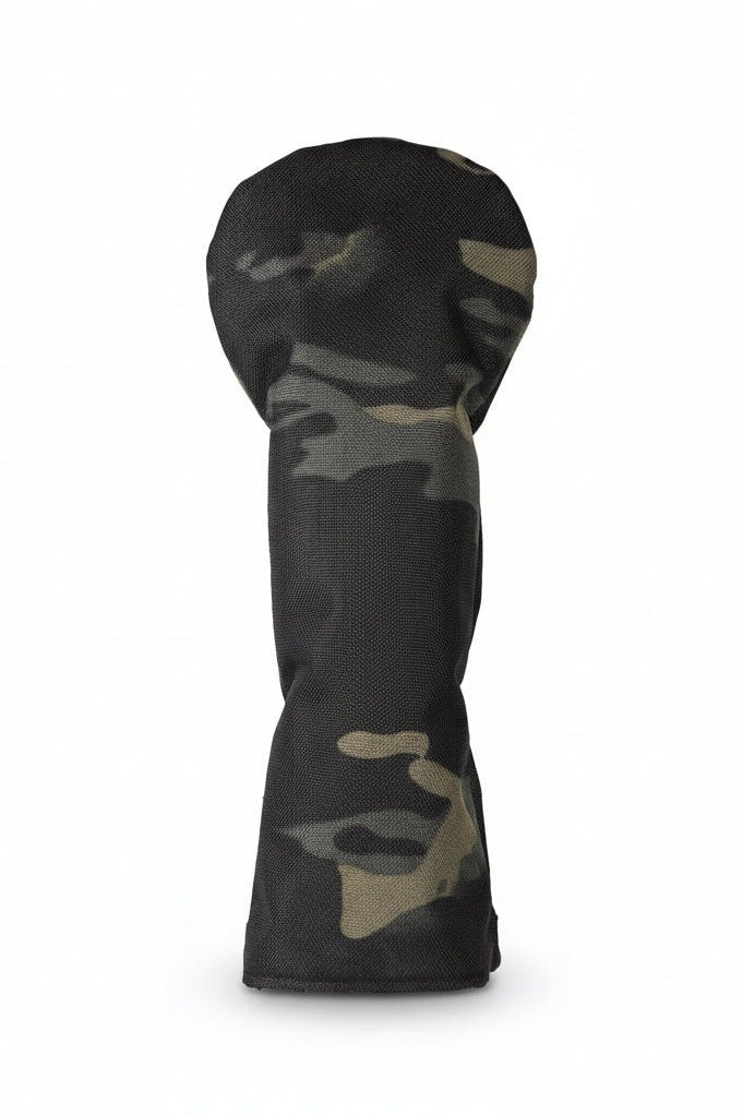 Camouflage-patterned golf club head cover on a white background