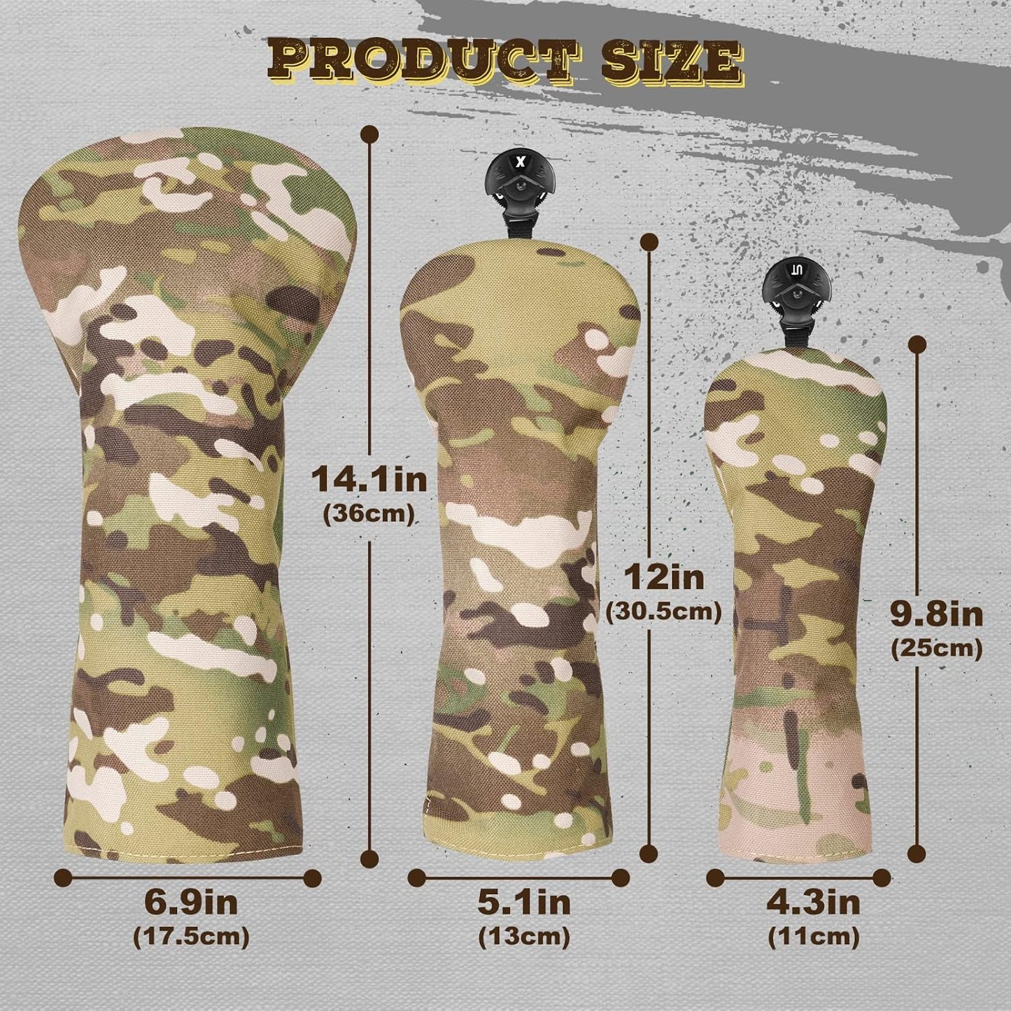 Camouflage golf club head covers with measurements on a gray background