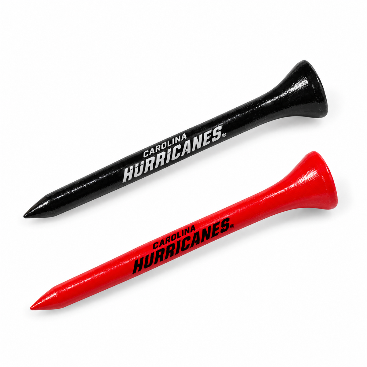 Carolina Hurricanes golf tees in black and red with team lettering.