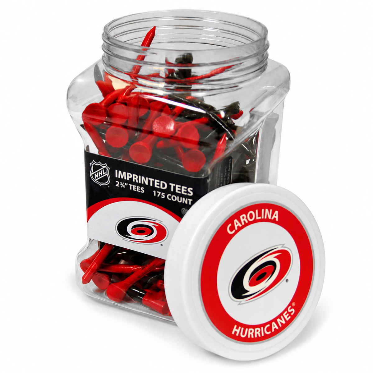 Carolina Hurricanes jar containing 175 2¾-inch golf tees with its separate team-logo lid.