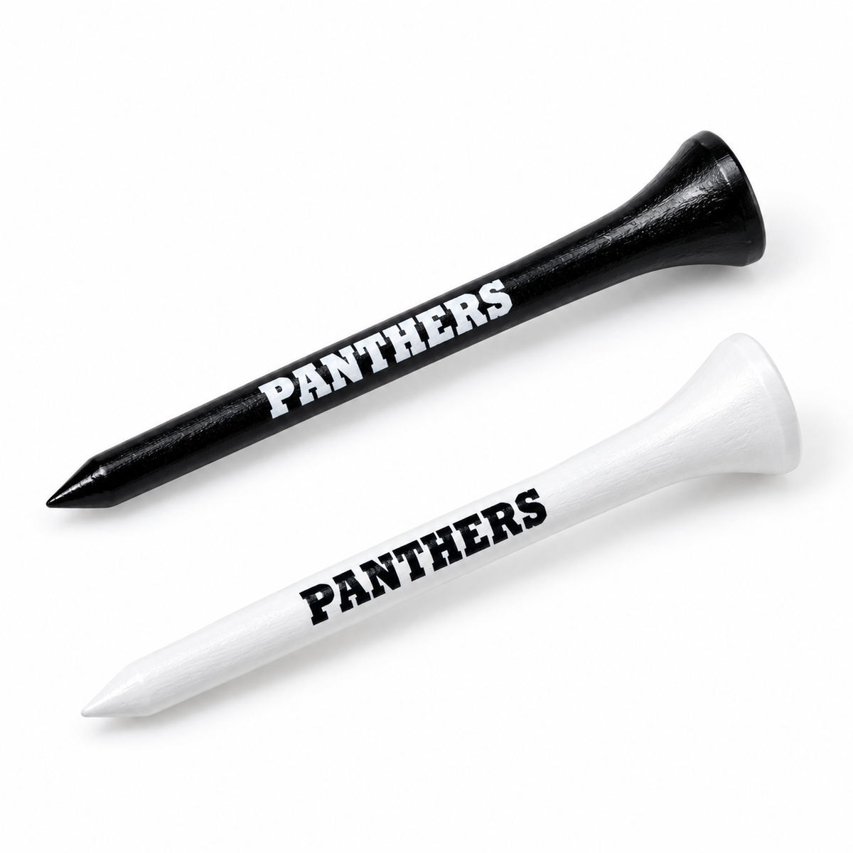 Carolina Panthers golf tees in black and white with team lettering.