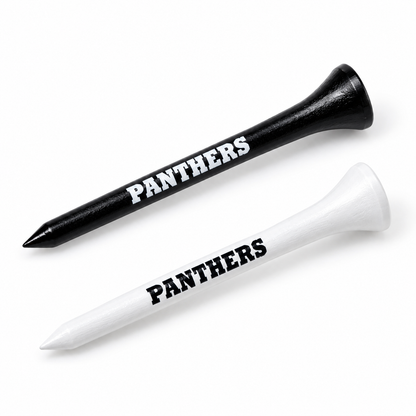 Carolina Panthers golf tees in black and white with team lettering.