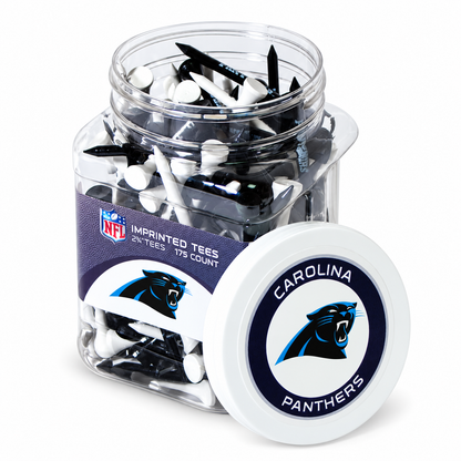 Carolina Panthers jar containing 175 2¾-inch golf tees with its separate team-logo lid.