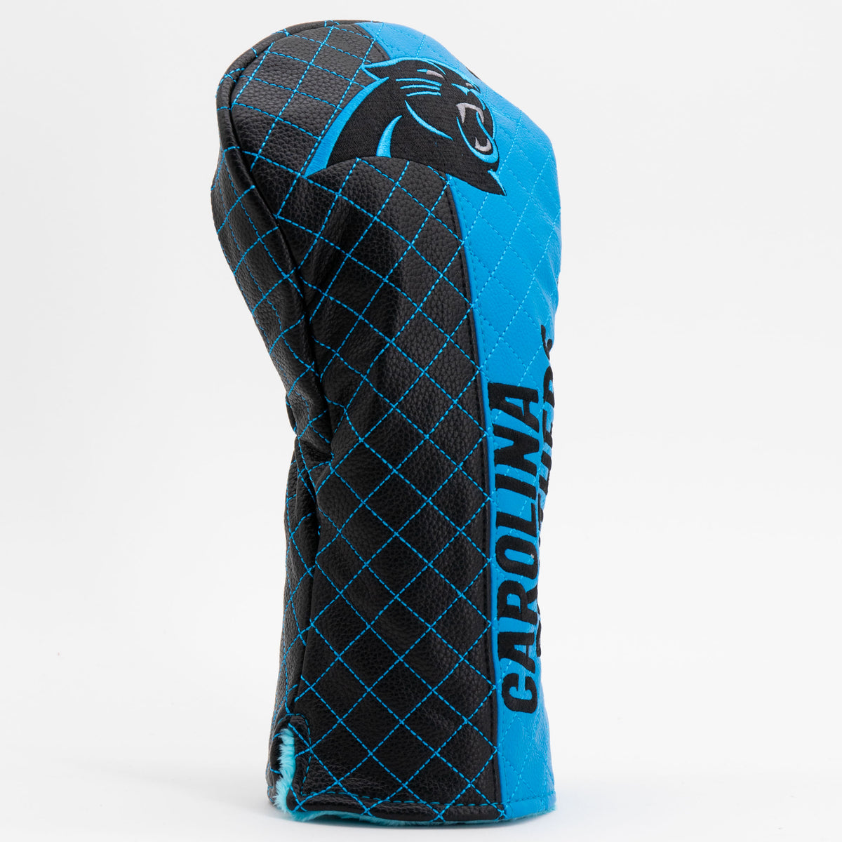Carolina Panthers split quilted driver headcover, close-up of diamond stitching and exterior texture