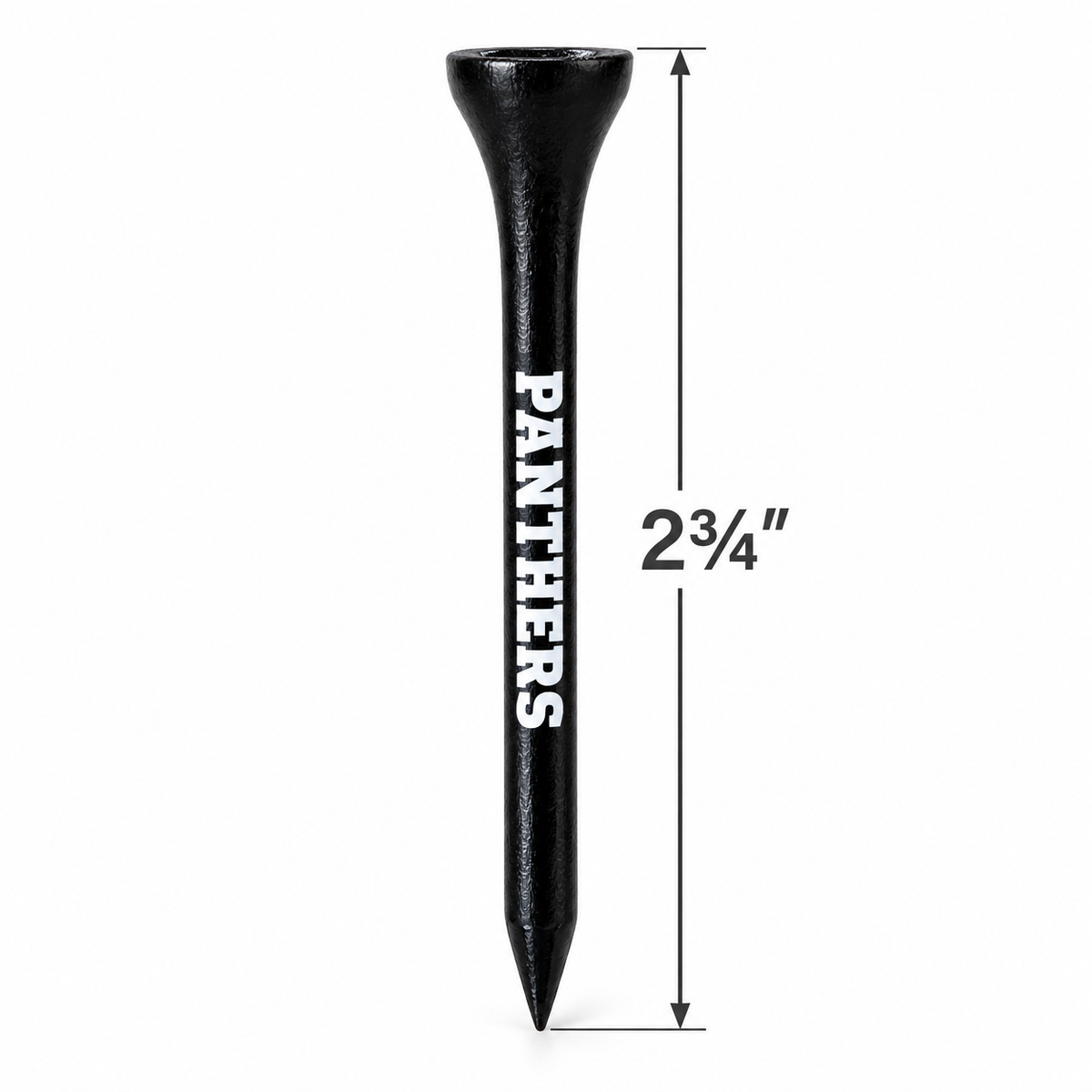 Black Carolina Panthers golf tee with a 2¾-inch height measurement.