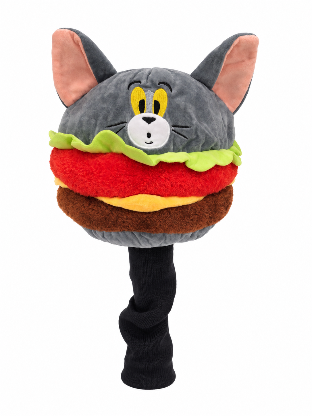 Cat Burger headcover with black sock sleeve front view on white background
