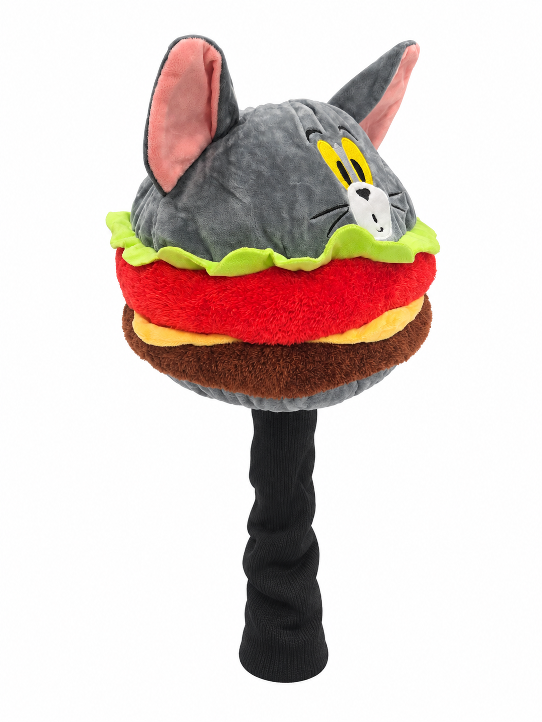 Cat Burger headcover with black sock sleeve side view on white background