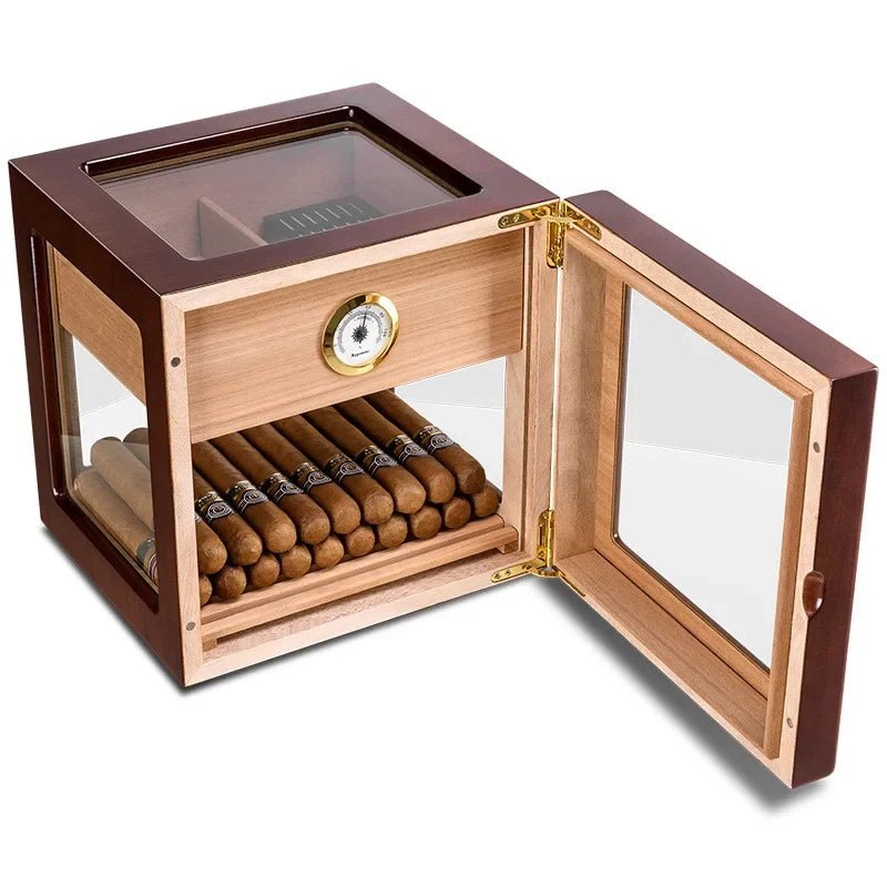 Dark-brown glass-panel humidor with its front door open