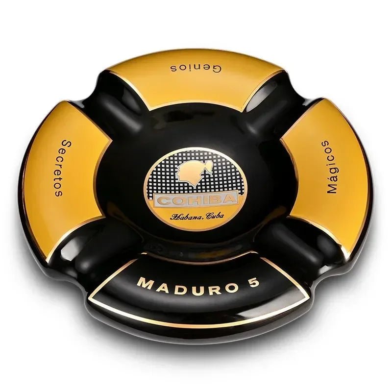 Black Maduro 5 round ceramic ashtray on a plain background