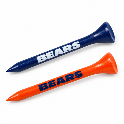 Chicago Bears golf tees in navy and orange with team lettering.