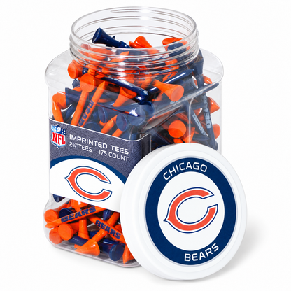 Chicago Bears jar containing 175 2¾-inch golf tees with its separate team-logo lid.