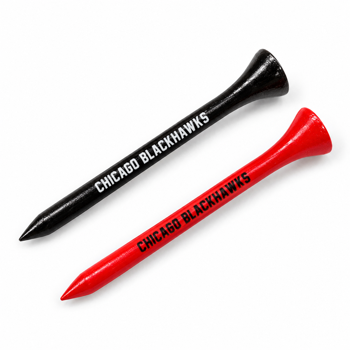 Chicago Blackhawks golf tees in black and red with team lettering.