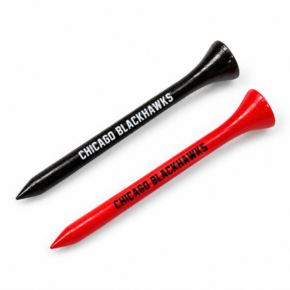 Chicago Blackhawks golf tees in black and red with team lettering.