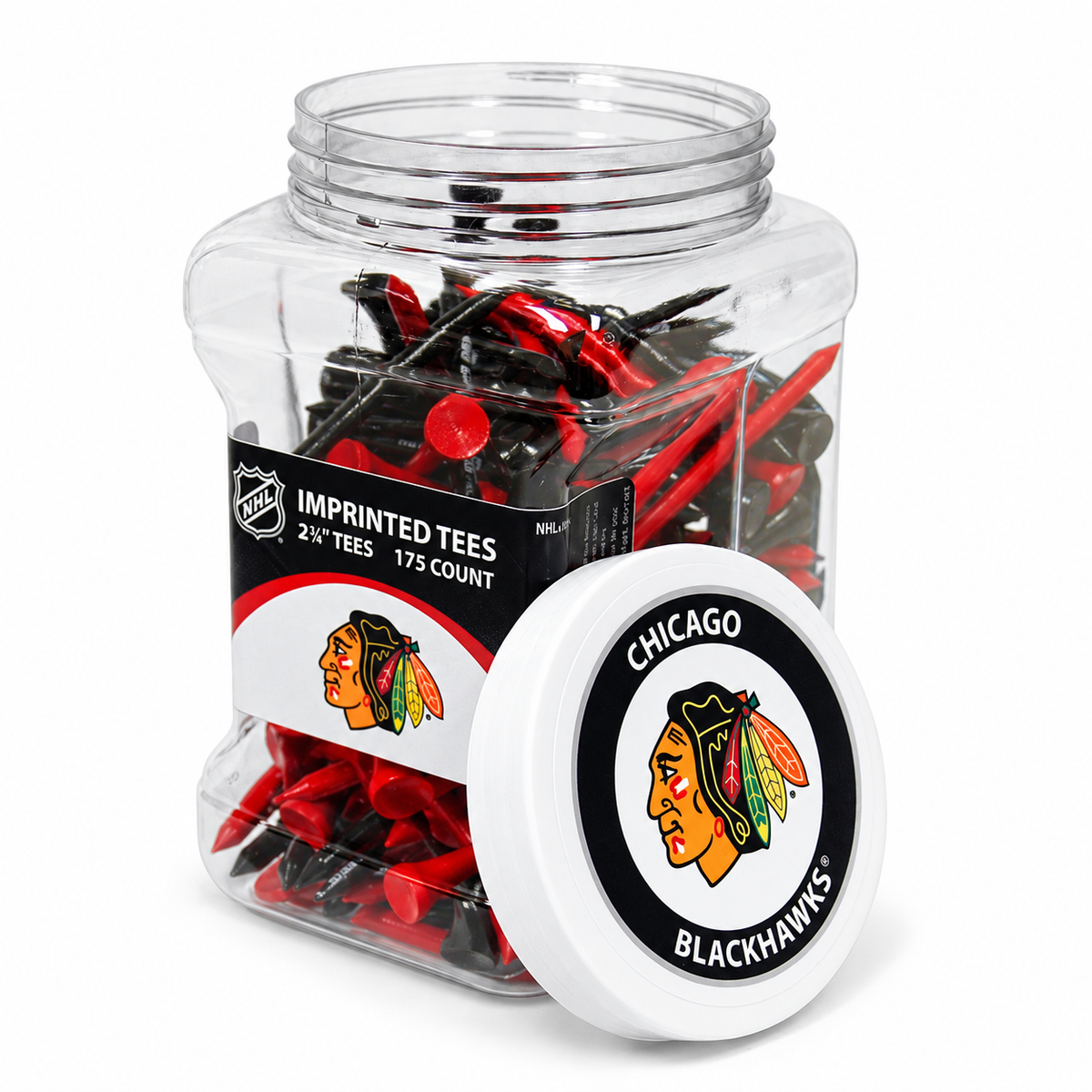 Chicago Blackhawks jar containing 175 2¾-inch golf tees with its separate team-logo lid.
