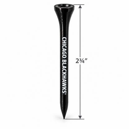 Black Chicago Blackhawks golf tee with a 2¾-inch height measurement.