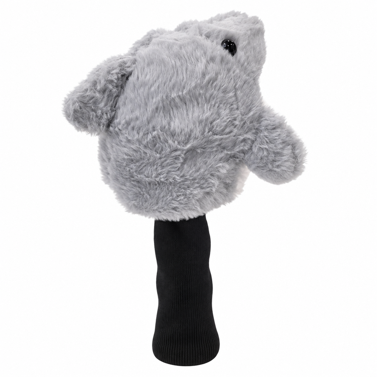 Rear view of Chum Bucket gray plush shark driver headcover showing fins and black sock