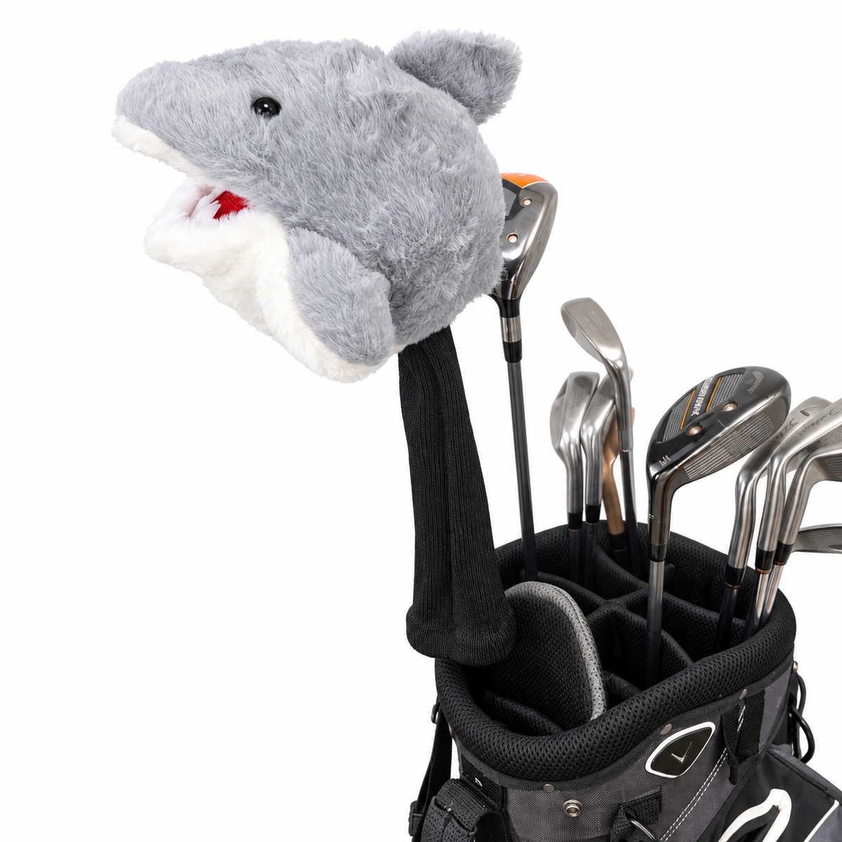 Side view of Chum Bucket shark headcover installed on a driver showing black shaft sock