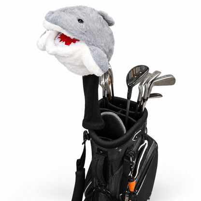 Chum Bucket shark driver headcover installed on a driver in a golf bag