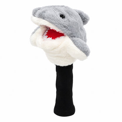 Side view of Chum Bucket plush shark driver headcover and long black knit sock