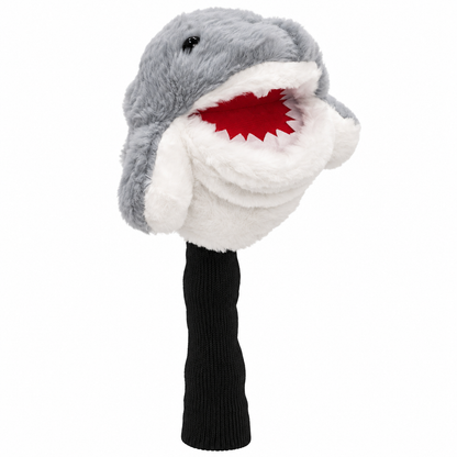 Chum Bucket gray plush shark driver headcover with white belly, red mouth and black knit sock